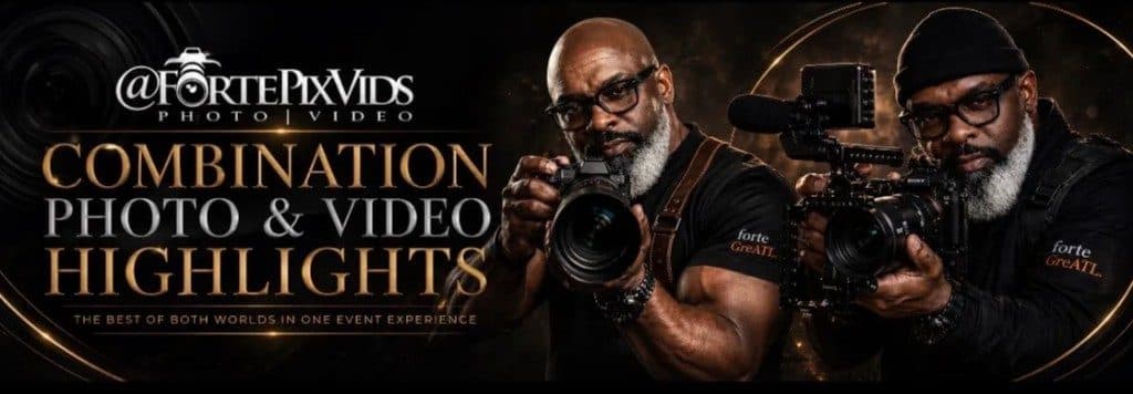 Forte Media photographer and videographer with professional cameras beside Combination Photo and Video Highlights branding