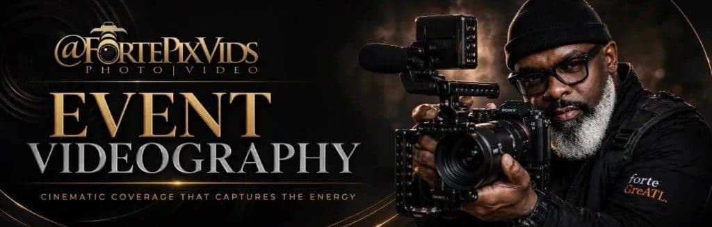 Forte Media videographer with a professional camera monitor and microphone rig beside Event Videography branding and the tagline Cinematic Coverage That Captures the Energy