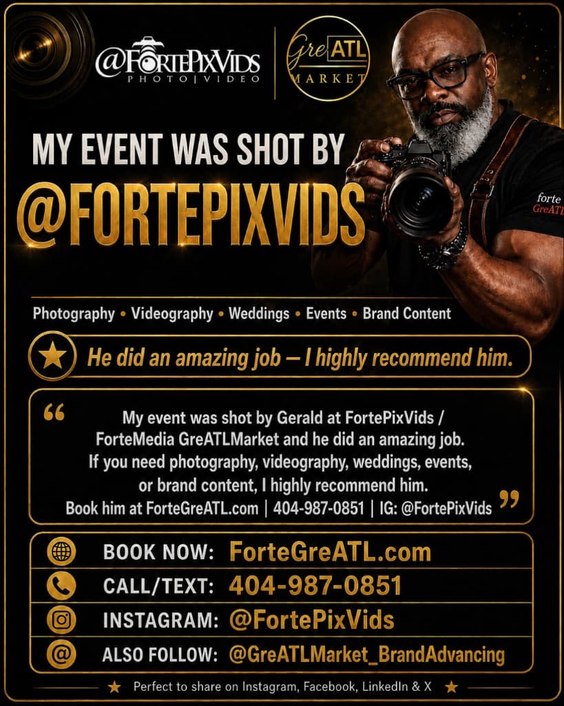 Official Social Shoutout Bonus promotional image featuring @FortePixVids branding, photographer portrait, testimonial, and booking details
