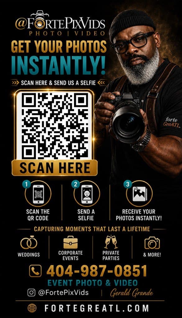 SpotMyPhotos guest directions flyer: scan the QR code, send a selfie, and receive matching photos instantly, with FortePixVids contact details