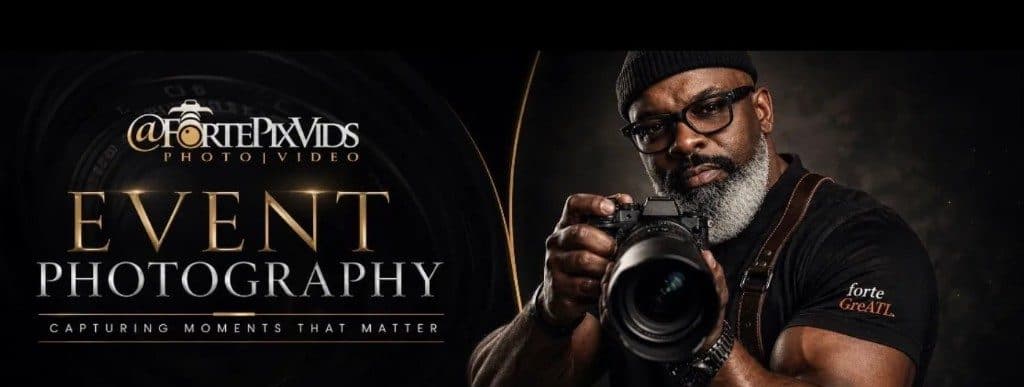 Forte Media event photographer holding a professional camera toward the viewer beside gold Event Photography branding