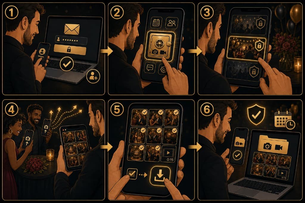 Six host steps: sign in or create a free account with the same email, open Event Vault, select the event, guests upload while the host sees the photo grid, tap Select All then Download Selected, and save everything to a phone or computer before the access period ends.