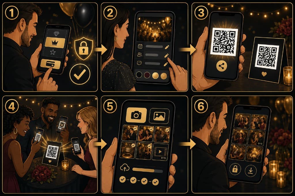 Six steps: purchase access, personalize the event, receive a QR code, guests scan and upload, and the host receives a private gallery.